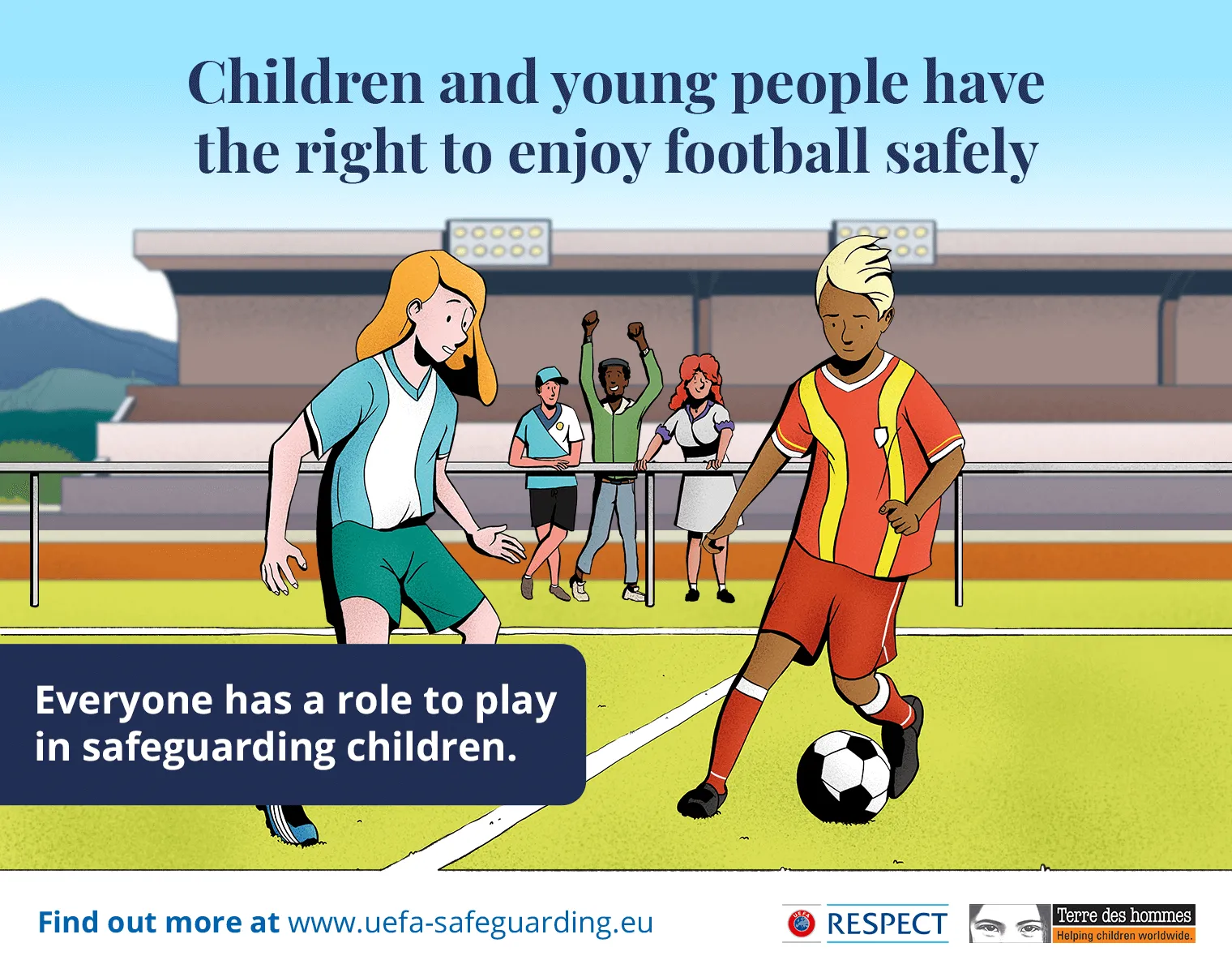 Poster de promotion pour les réseaux sociaux des modules e-learning child safeguarding UEFA & Terre des Hommes